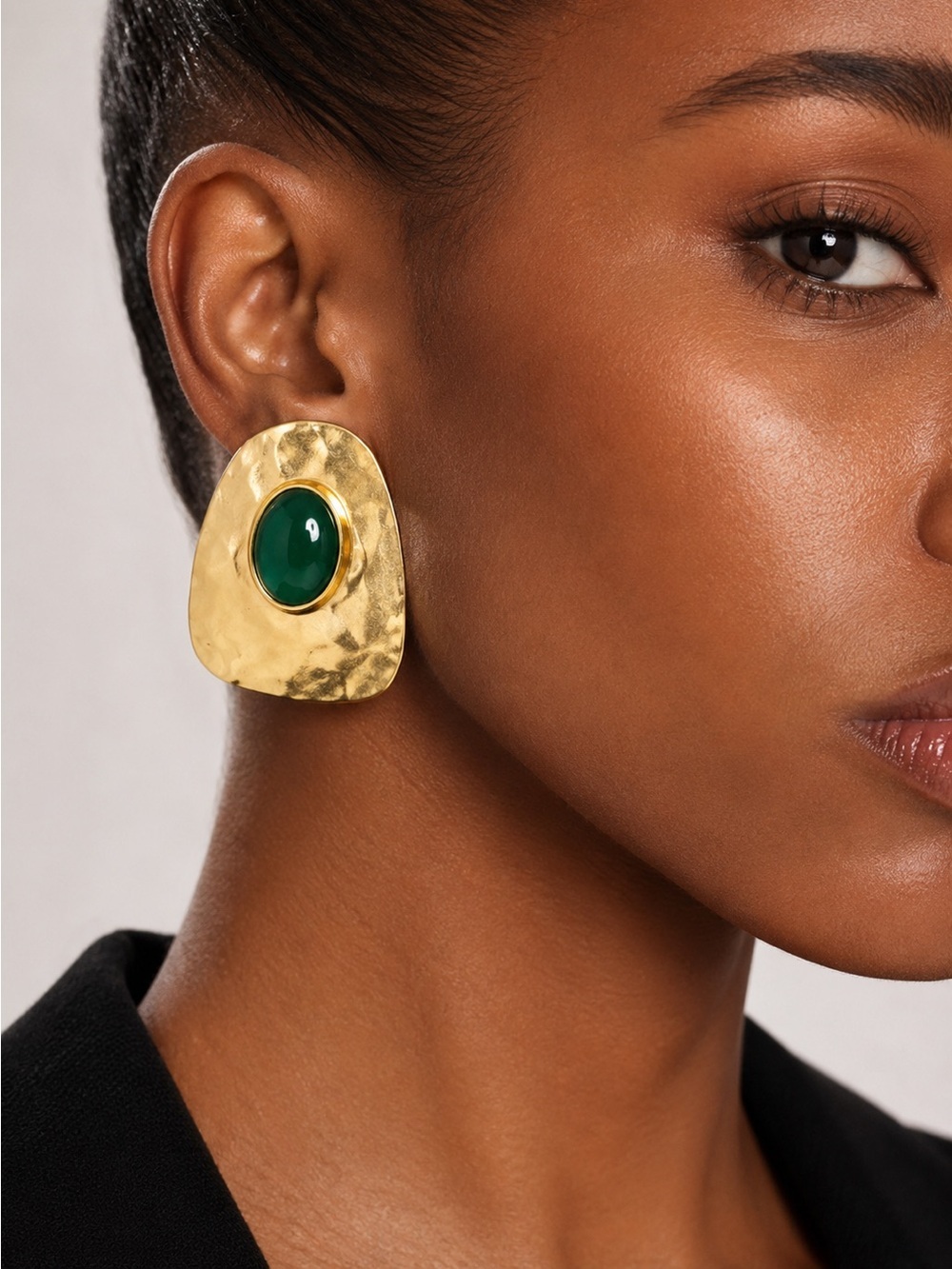 Anthropologie Gold-Tone Hammered Earrings with Green Cabochon
